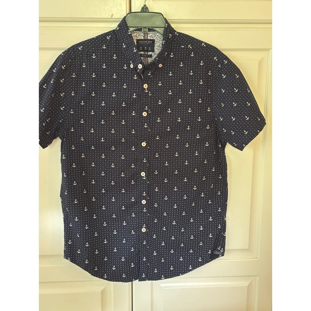 Cactus Man Ricky Singh Men Navy Anchor Print Short Sleeve Button Down Slim Fit M
